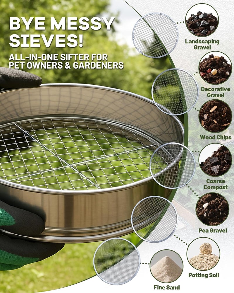 HIPULX 5-in-1 Soil Sifter Set with 5 Replaceable Stainless Steel Mesh Screen & Shovel (1/8" to 1/2"), Soil Sifter for Soils, Compost, Bonsai, Cat Litter and More（11-5/8" Diameter） - Image 5